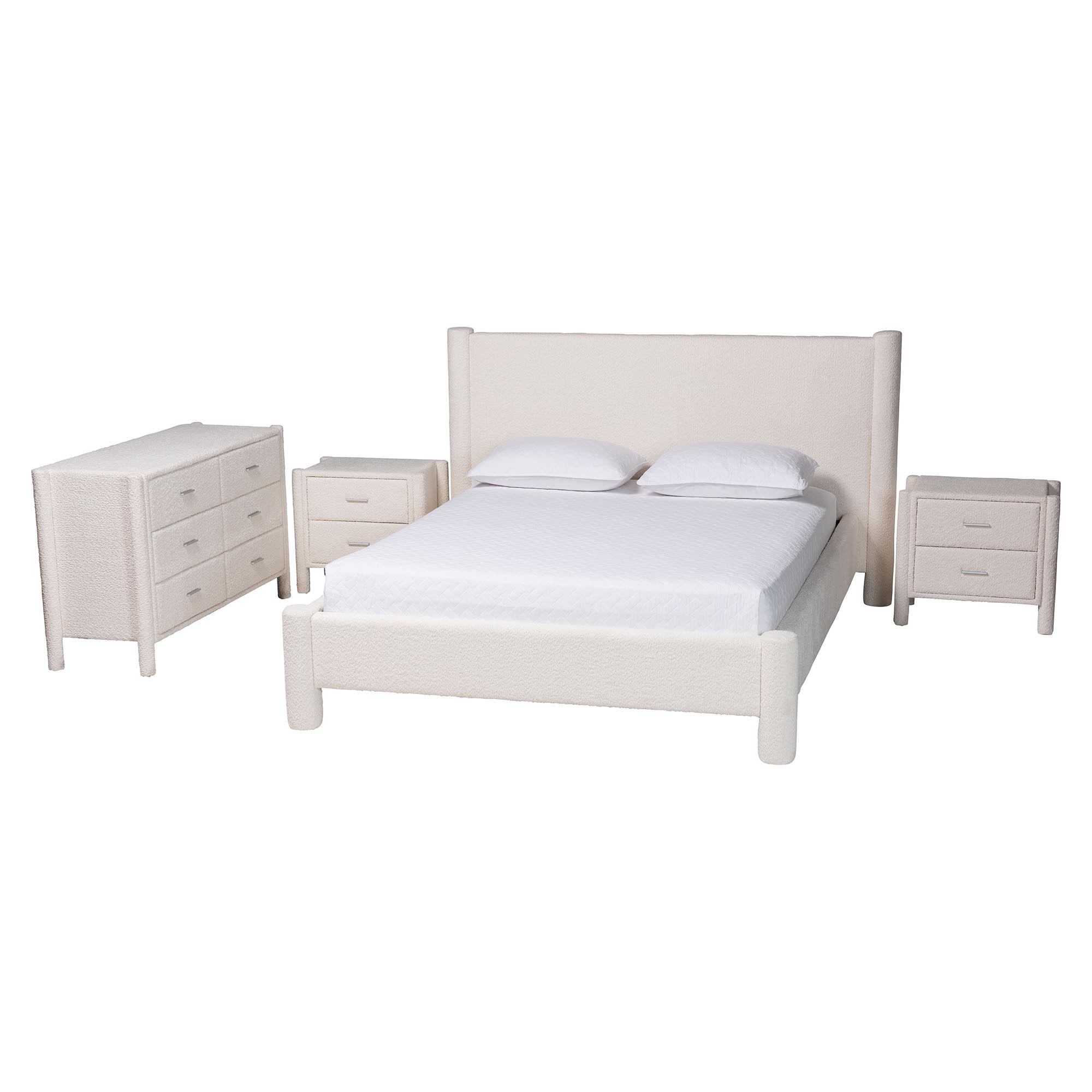 Baxton Studio Laria Modern White Teddy-Bear Fabric Queen Size 4-Piece Bedroom Set